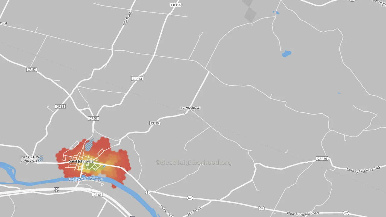Walk Grade map of Kringsbush, NY, walkable areas in green and car-dependent areas in red