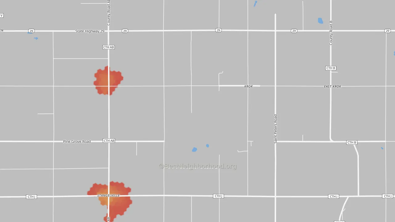 Walk Grade map of Krok, WI, walkable areas in green and car-dependent areas in red