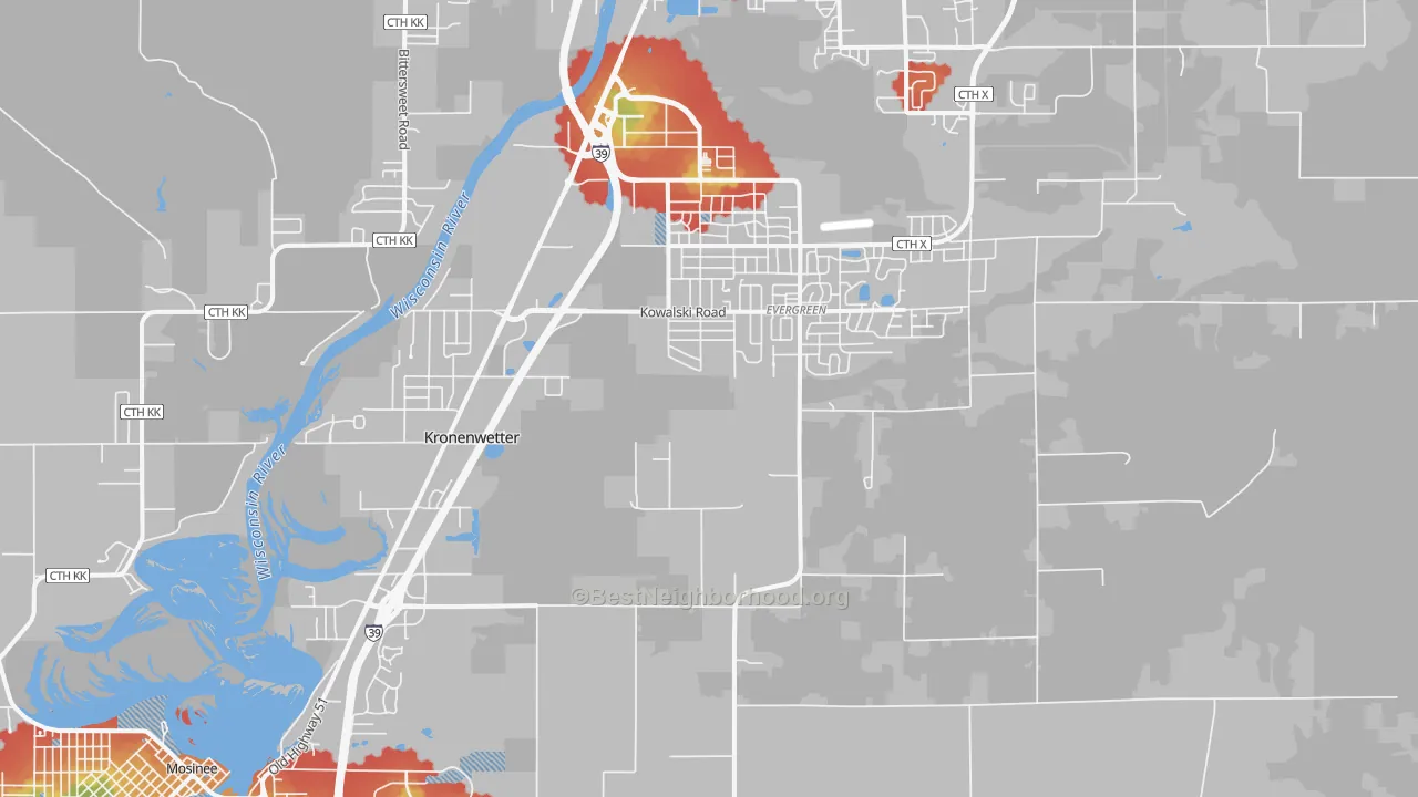 Walk Grade map of Kronenwetter, WI, walkable areas in green and car-dependent areas in red