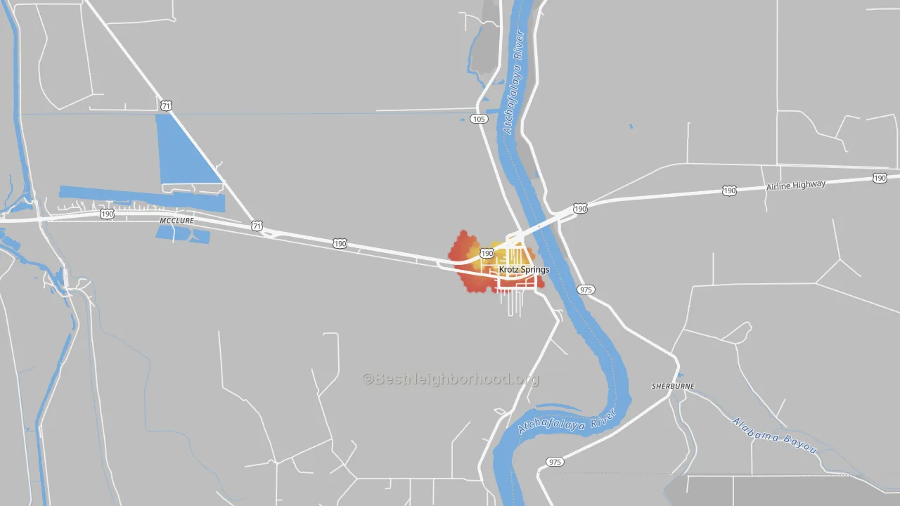 Walk Grade map of Krotz Springs, LA, walkable areas in green and car-dependent areas in red