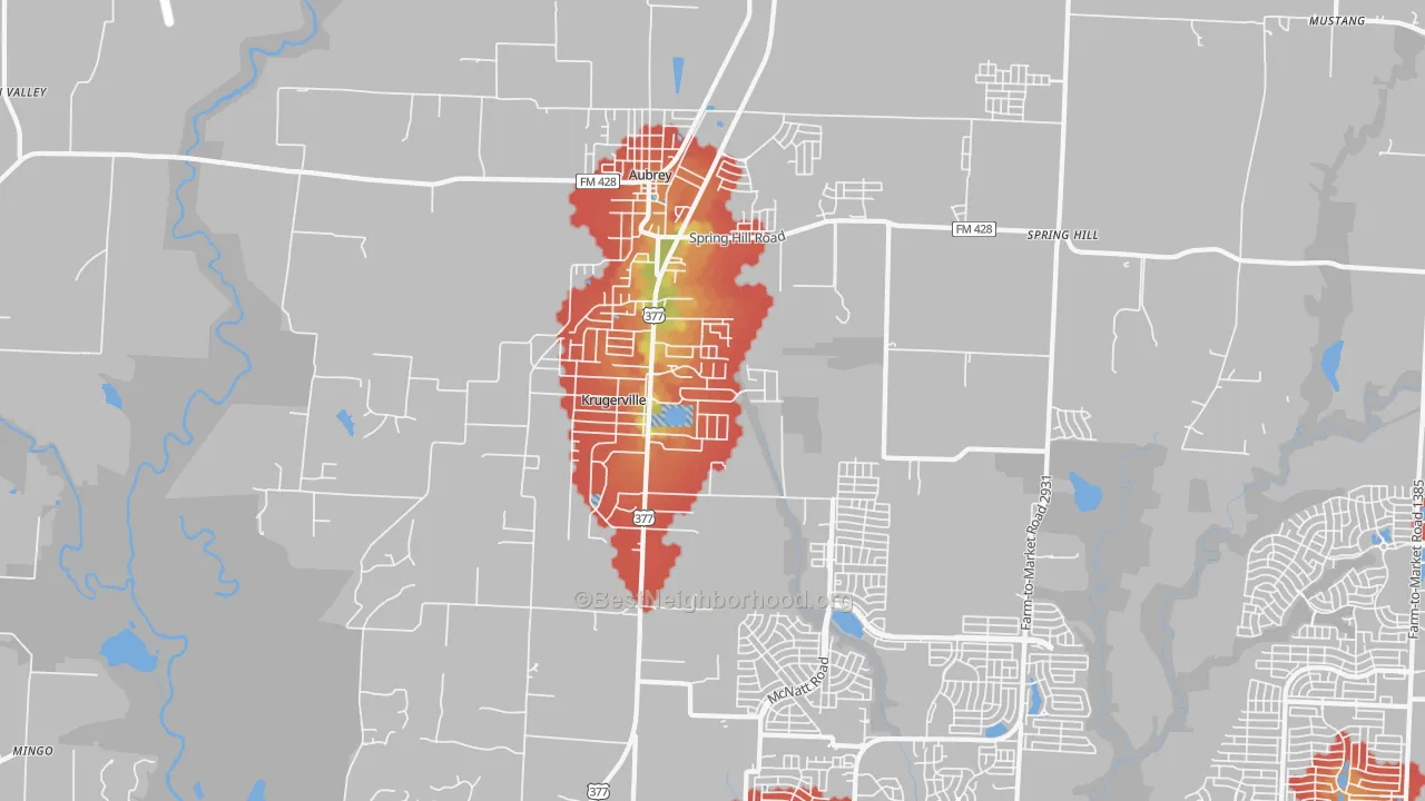 Walk Grade map of Krugerville, TX, walkable areas in green and car-dependent areas in red