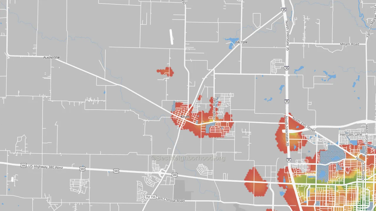 Walk Grade map of Krum, TX, walkable areas in green and car-dependent areas in red