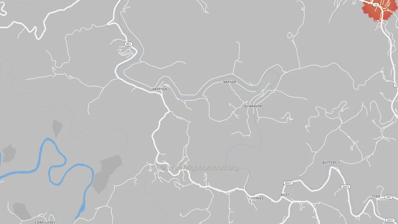 Walk Grade map of Krypton, KY, walkable areas in green and car-dependent areas in red