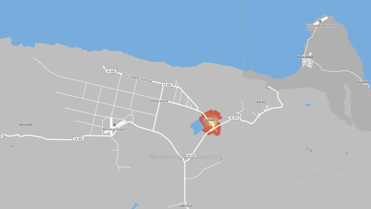 Walk Grade map of Kualapuu, HI, walkable areas in green and car-dependent areas in red