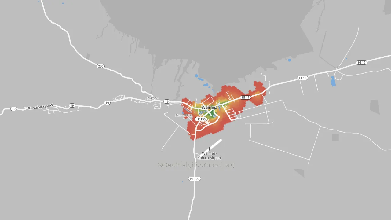 Walk Grade map of Kuhio Village, HI, walkable areas in green and car-dependent areas in red
