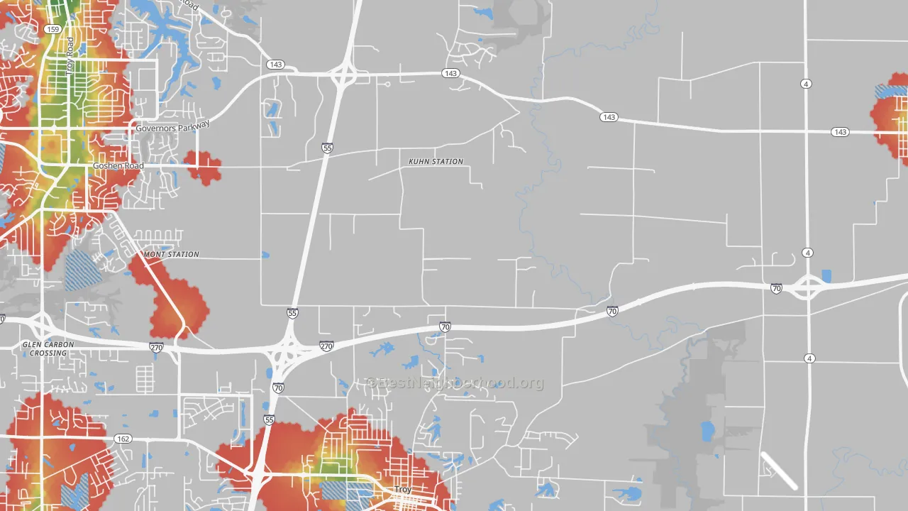Walk Grade map of Kuhn Station, IL, walkable areas in green and car-dependent areas in red