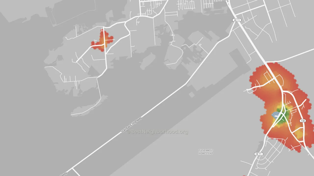 Walk Grade map of Kukui, HI, walkable areas in green and car-dependent areas in red