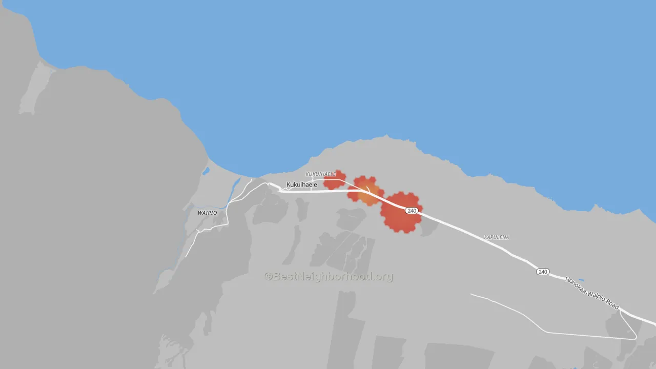 Walk Grade map of Kukuihaele, HI, walkable areas in green and car-dependent areas in red