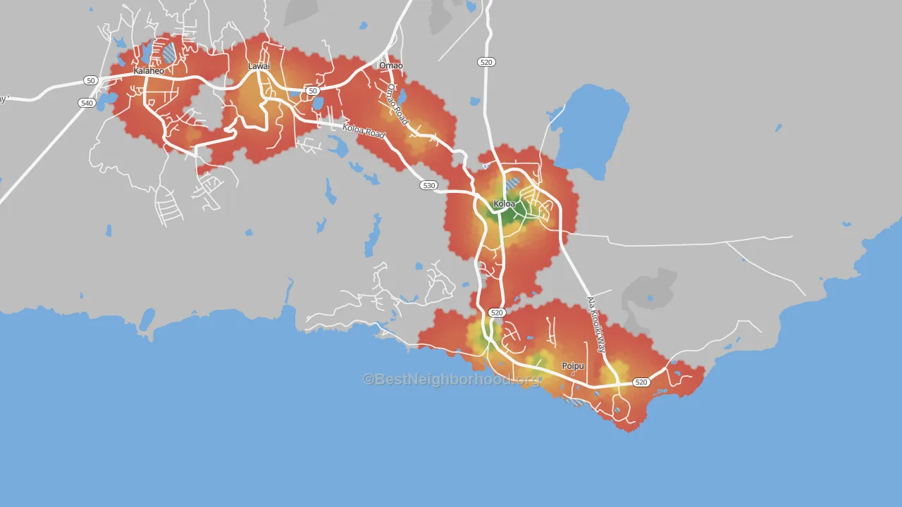 Walk Grade map of Kukuiula, HI, walkable areas in green and car-dependent areas in red
