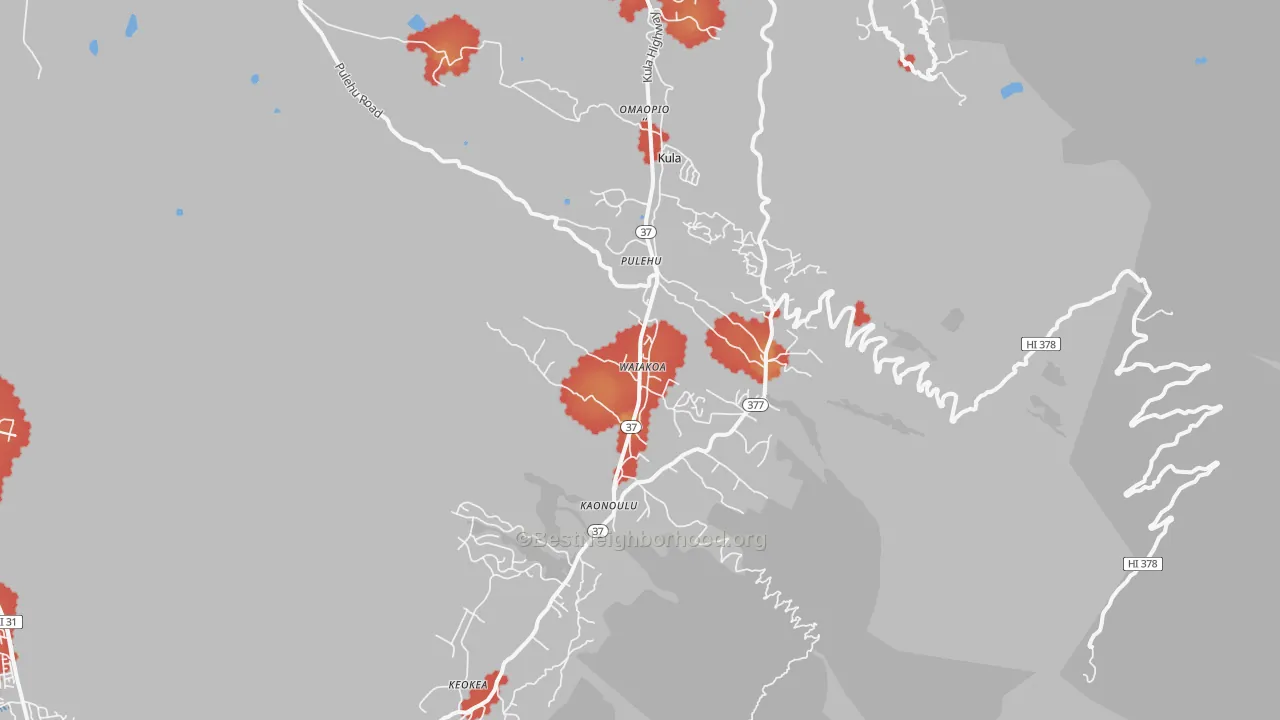 Walk Grade map of Kula, HI, walkable areas in green and car-dependent areas in red