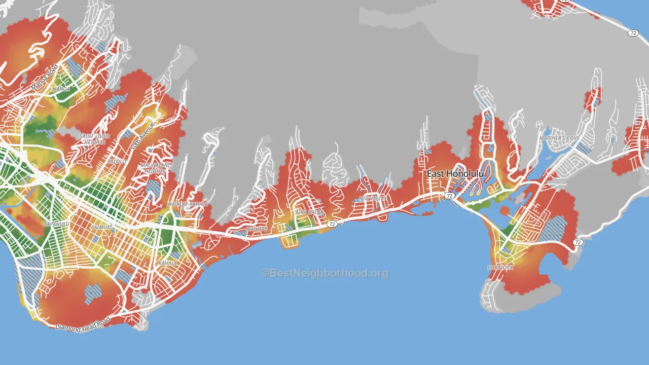Walk Grade map of Kuliouou-Kalani Iki, East Honolulu, HI, walkable areas in green and car-dependent areas in red