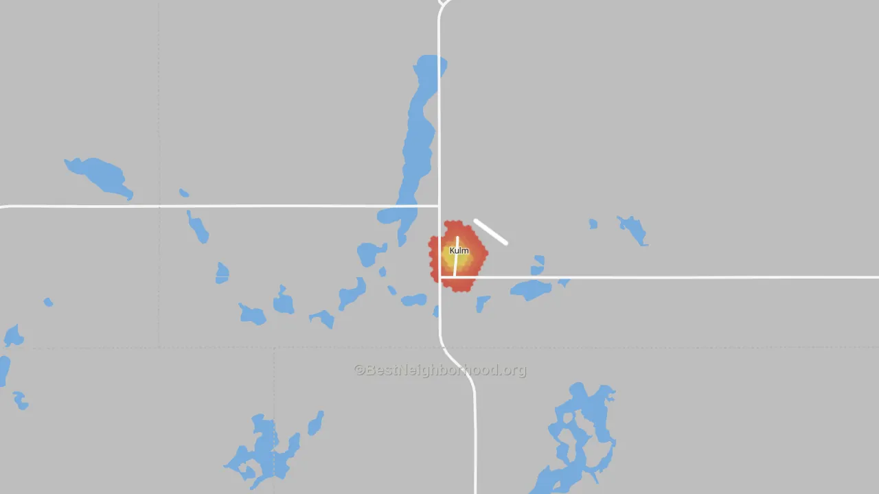 Walk Grade map of Kulm, ND, walkable areas in green and car-dependent areas in red