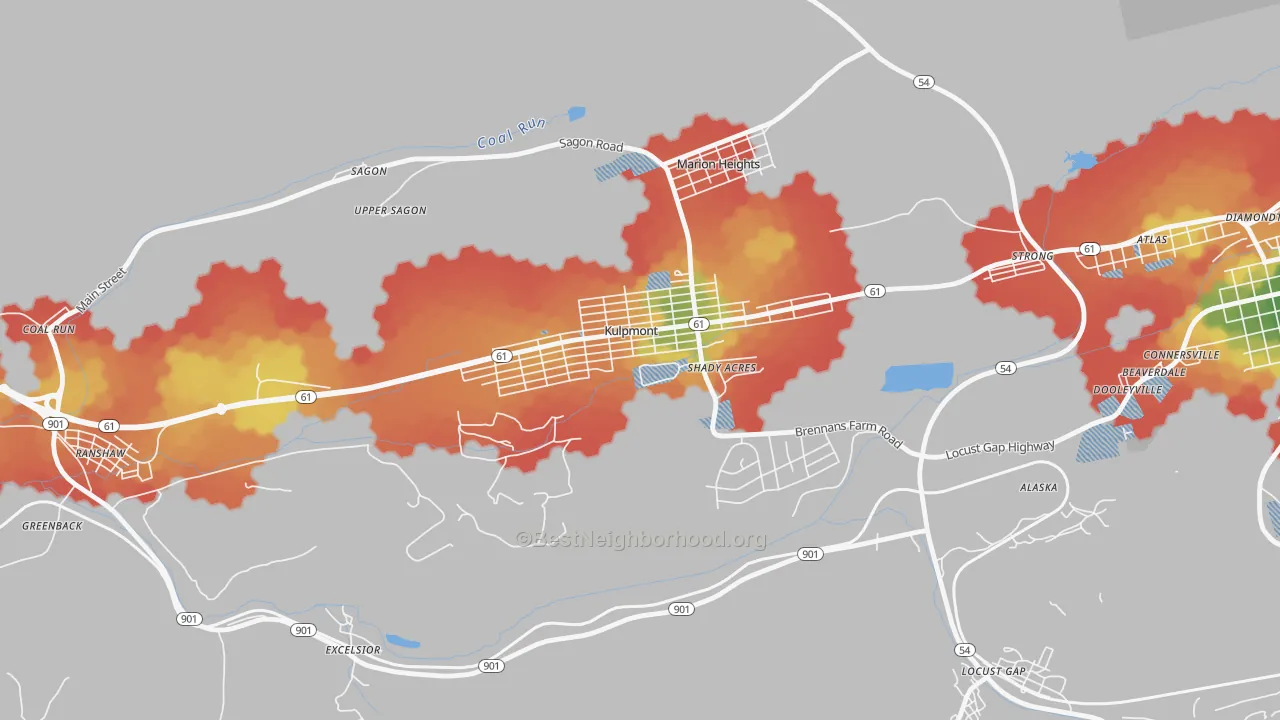 Walk Grade map of Kulpmont, PA, walkable areas in green and car-dependent areas in red