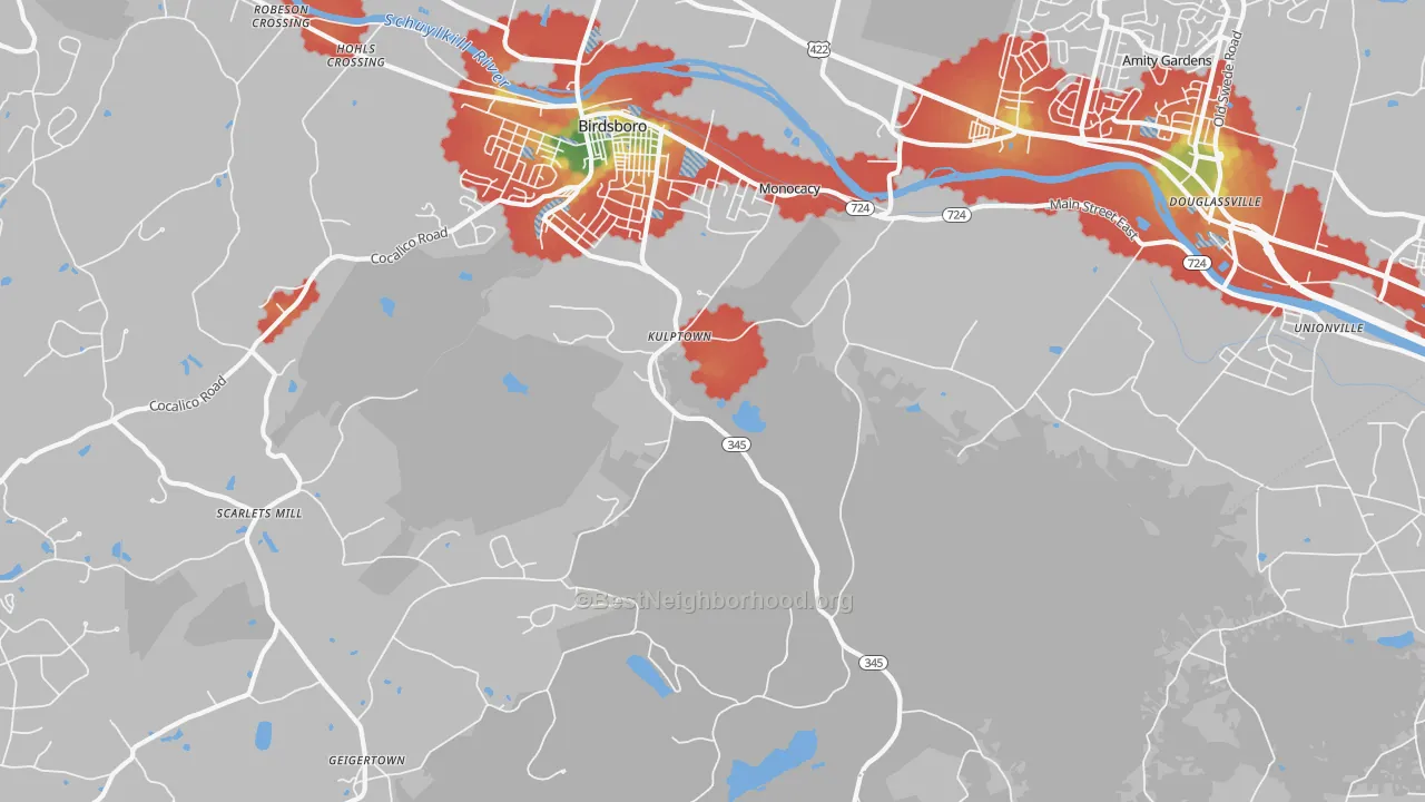 Walk Grade map of Kulptown, PA, walkable areas in green and car-dependent areas in red