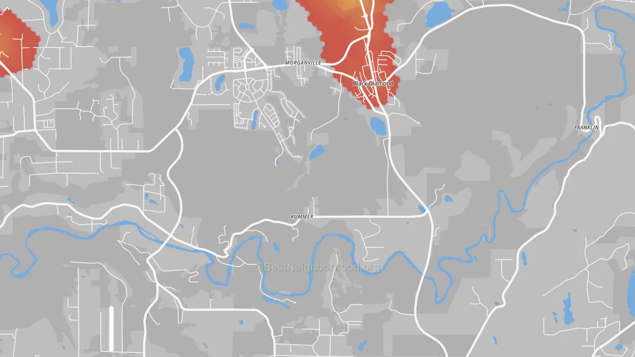 Walk Grade map of Kummer, WA, walkable areas in green and car-dependent areas in red