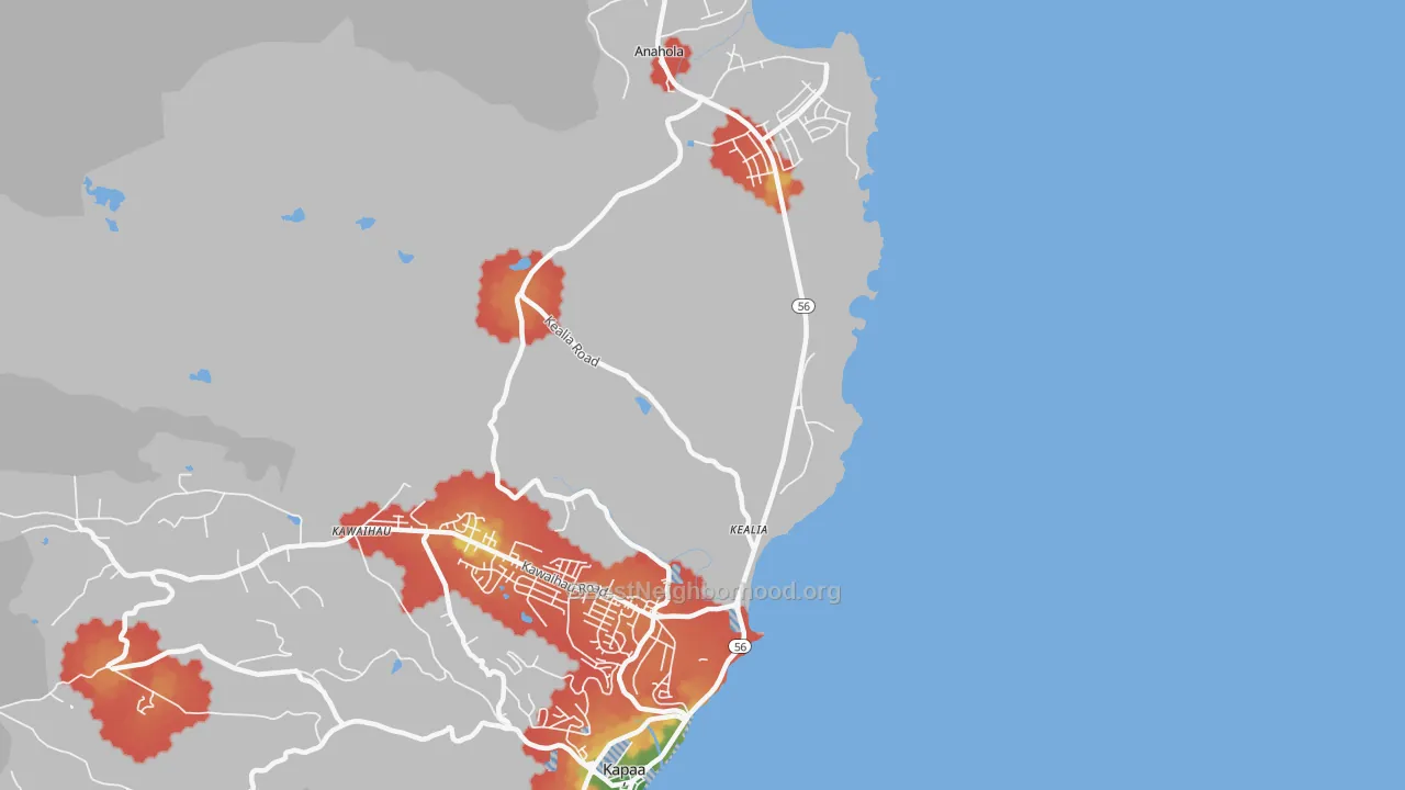 Walk Grade map of Kumukumu, HI, walkable areas in green and car-dependent areas in red