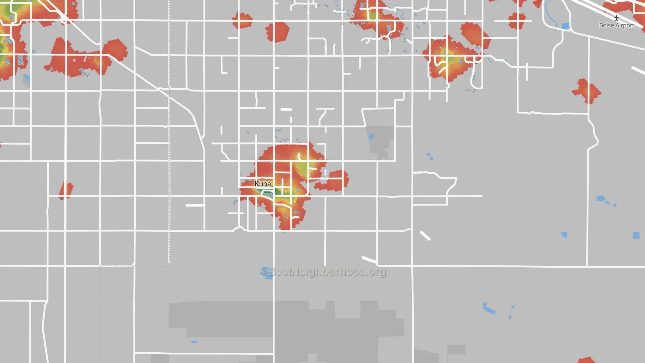 Walk Grade map of Kuna, ID, walkable areas in green and car-dependent areas in red