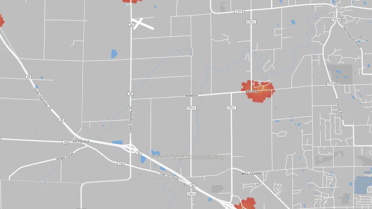 Walk Grade map of Kunesh, WI, walkable areas in green and car-dependent areas in red