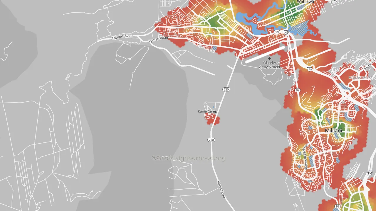 Walk Grade map of Kunia, HI, walkable areas in green and car-dependent areas in red