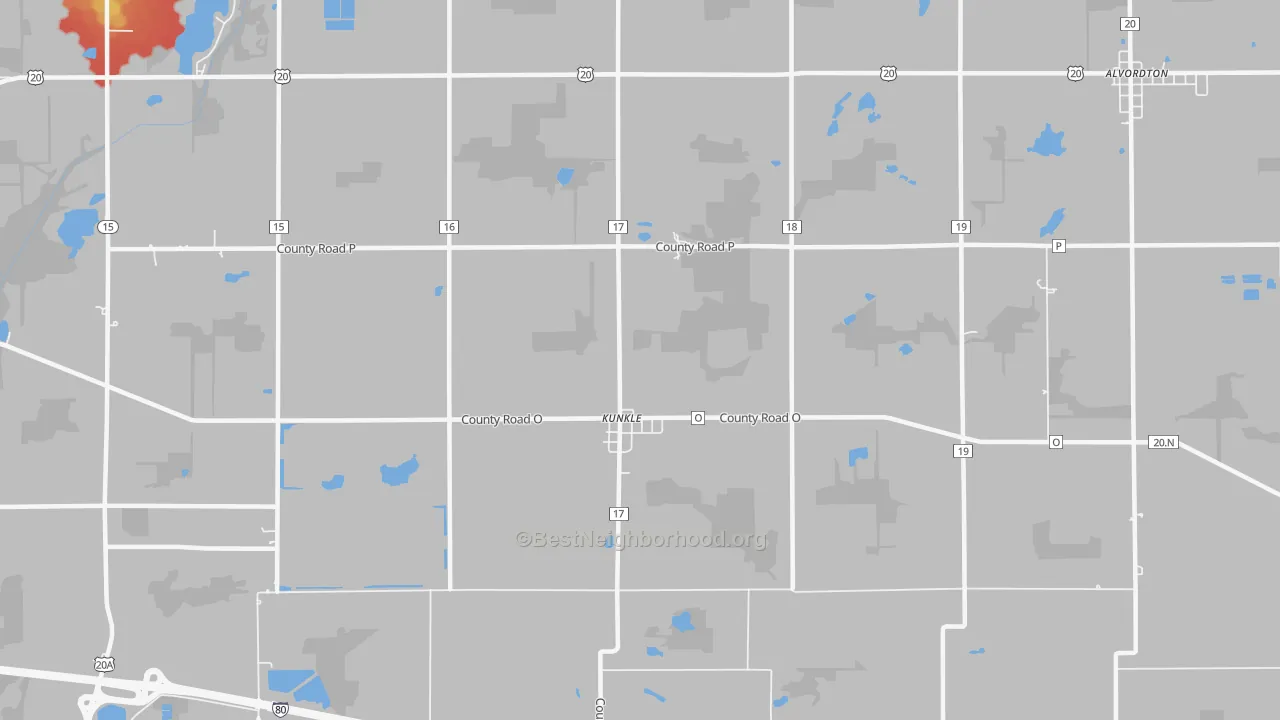 Walk Grade map of Kunkle, OH, walkable areas in green and car-dependent areas in red