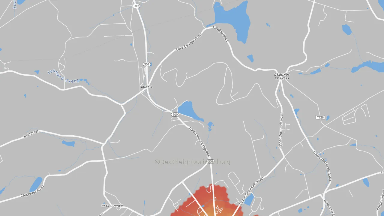 Walk Grade map of Kunkle, PA, walkable areas in green and car-dependent areas in red