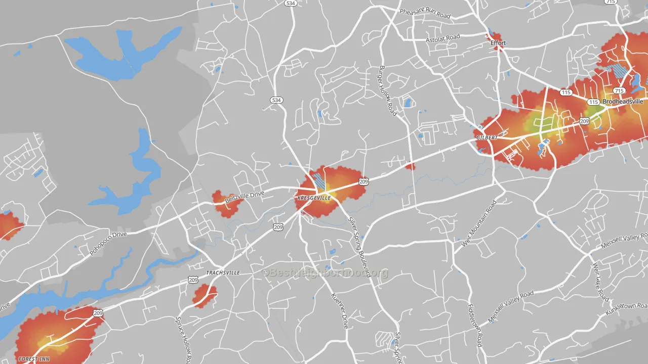 Walk Grade map of Kunkletown, PA, walkable areas in green and car-dependent areas in red