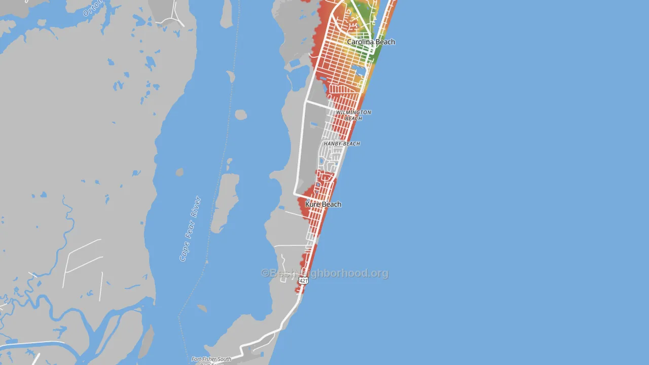 Walk Grade map of Kure Beach, NC, walkable areas in green and car-dependent areas in red