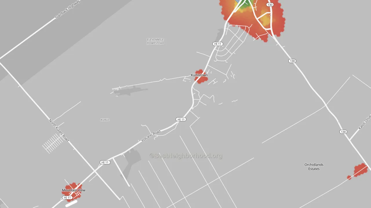Walk Grade map of Kurtistown, HI, walkable areas in green and car-dependent areas in red