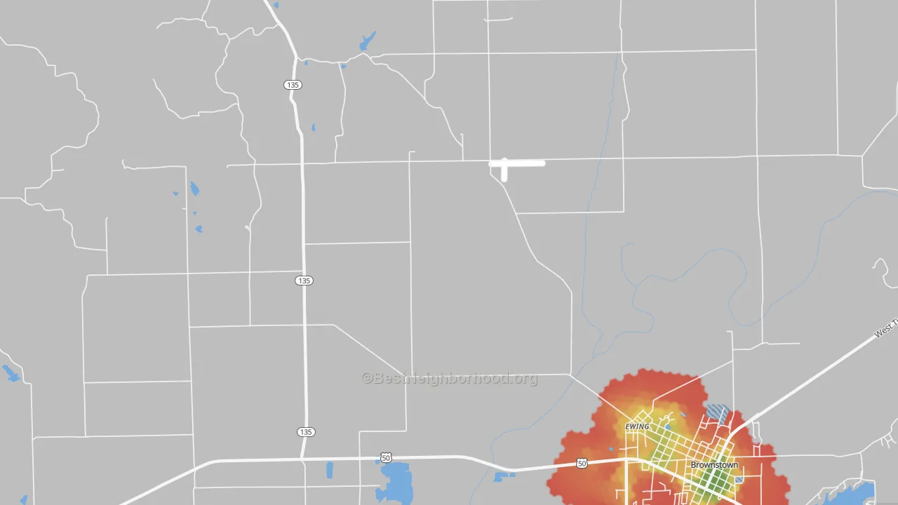 Walk Grade map of Kurtz, IN, walkable areas in green and car-dependent areas in red