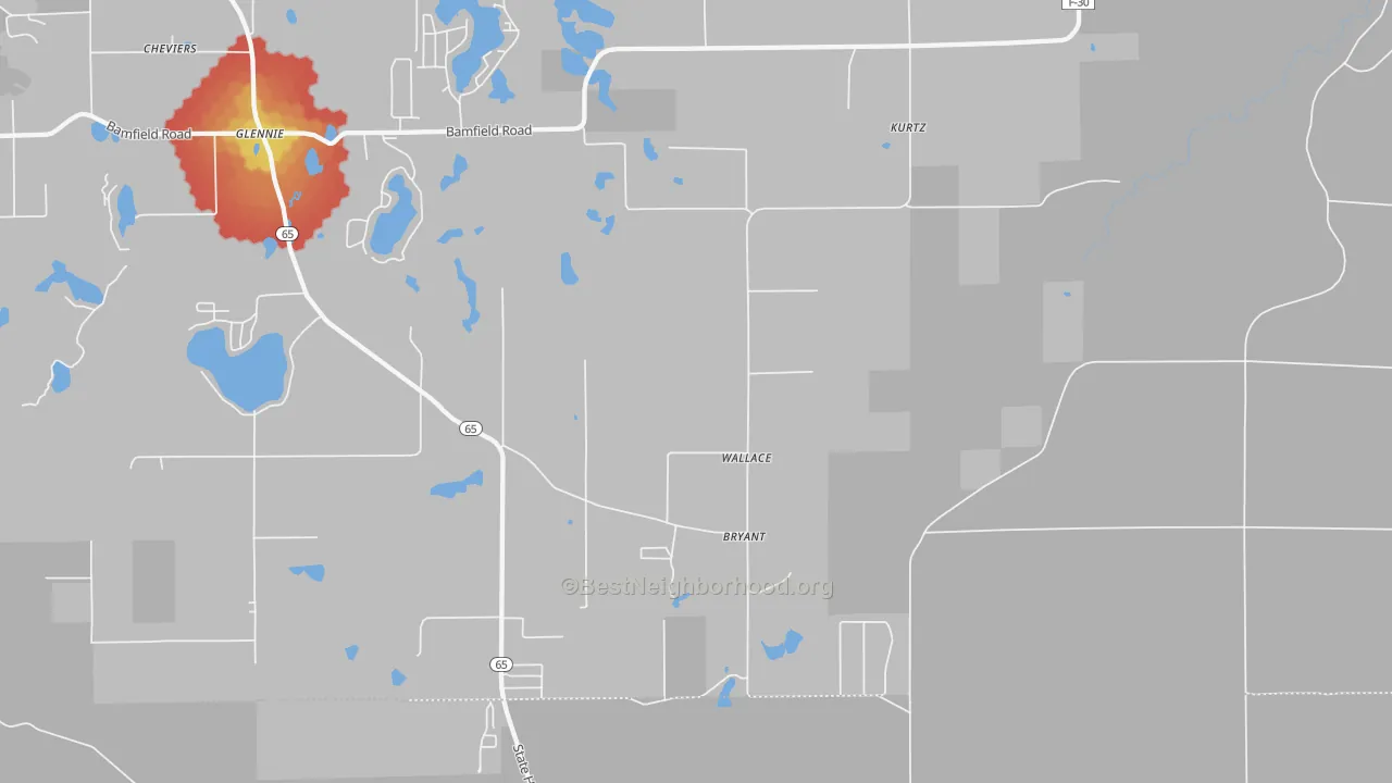 Walk Grade map of Kurtz, MI, walkable areas in green and car-dependent areas in red