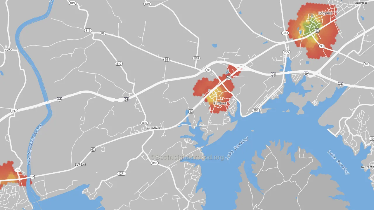 Walk Grade map of Kuttawa, KY, walkable areas in green and car-dependent areas in red