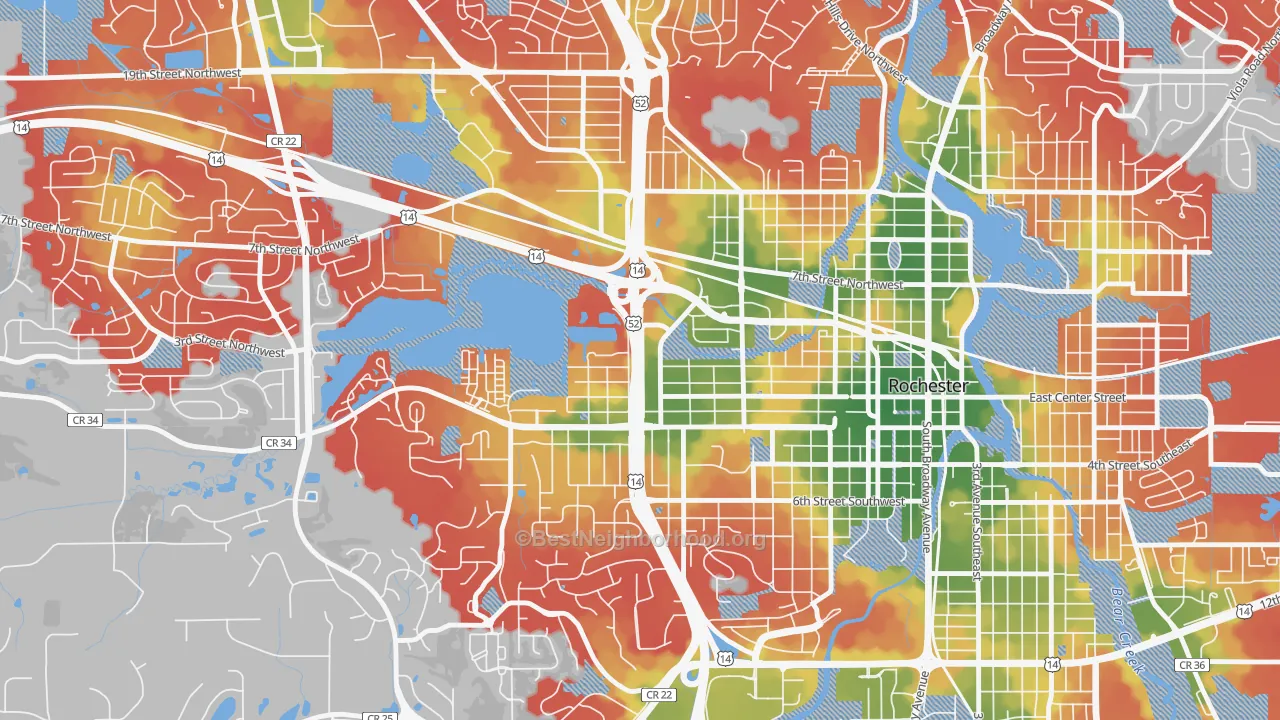Walk Grade map of Kutzky Park, Rochester, MN, walkable areas in green and car-dependent areas in red