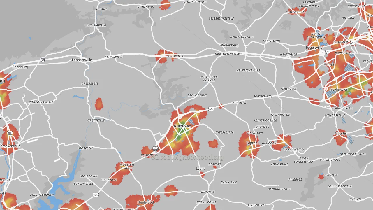Walk Grade map of Kutztown, PA, walkable areas in green and car-dependent areas in red