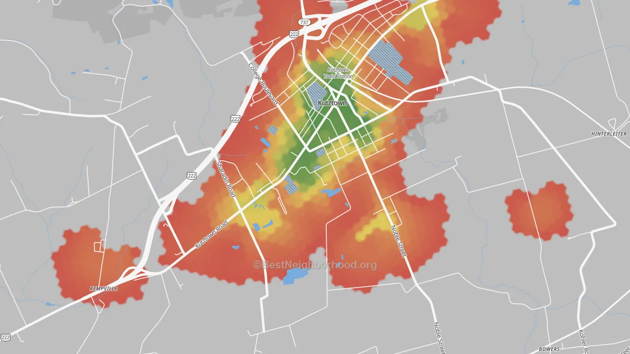 Walk Grade map of Kutztown University, PA, walkable areas in green and car-dependent areas in red