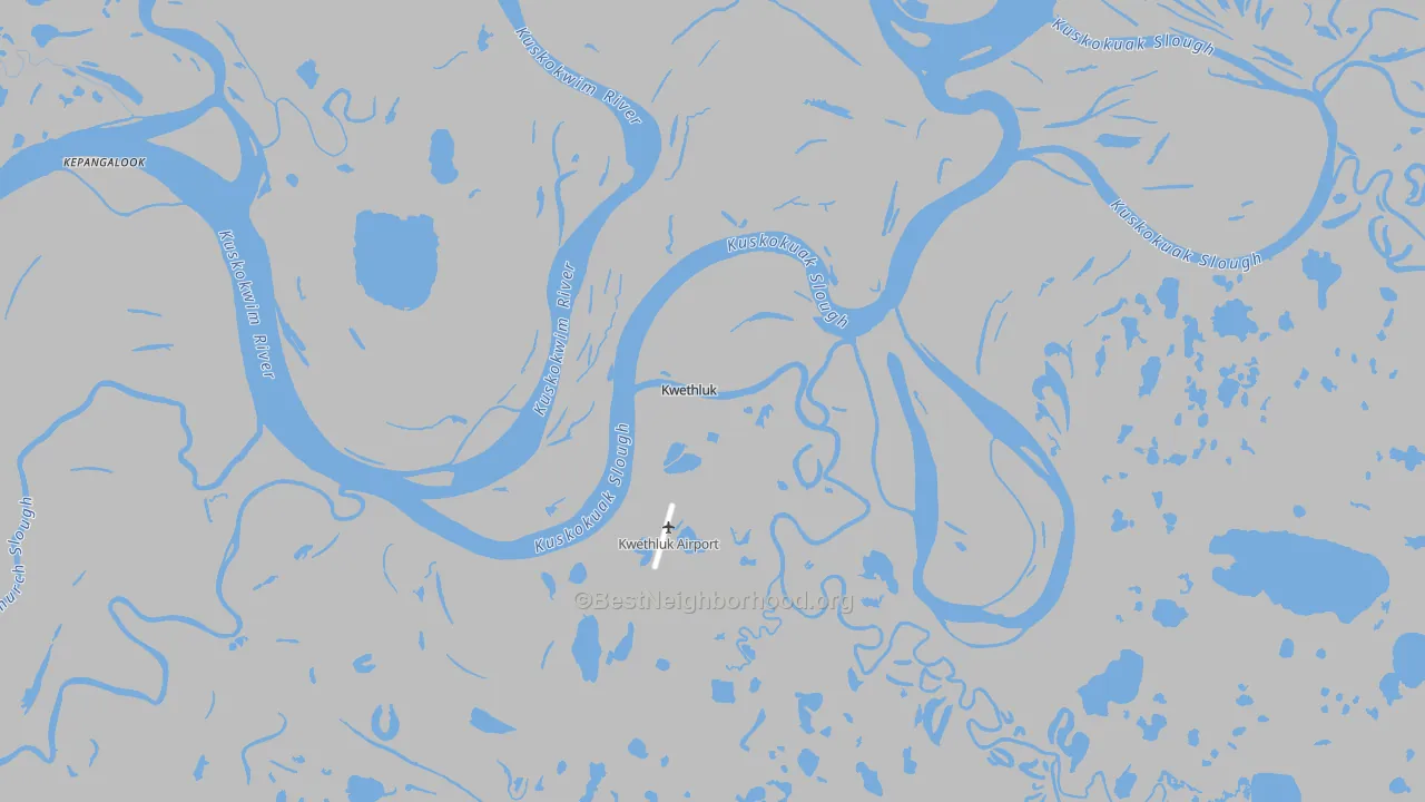 Walk Grade map of Kwethluk, AK, walkable areas in green and car-dependent areas in red