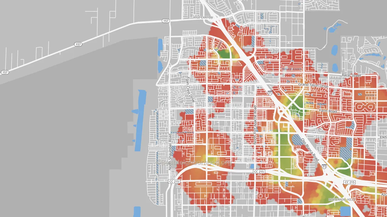 Walk Grade map of Kyle Canyon, Las Vegas, NV, walkable areas in green and car-dependent areas in red