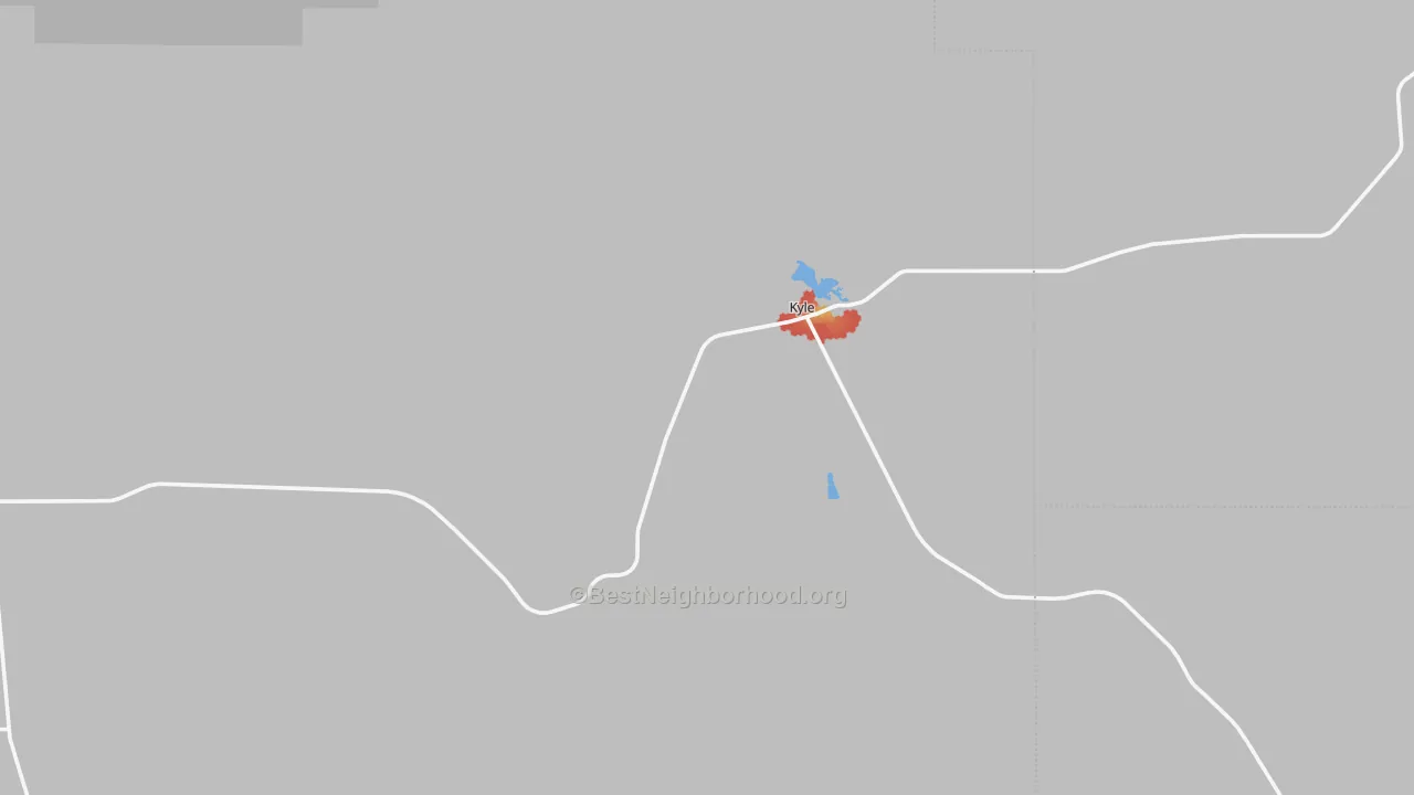 Walk Grade map of Kyle, SD, walkable areas in green and car-dependent areas in red