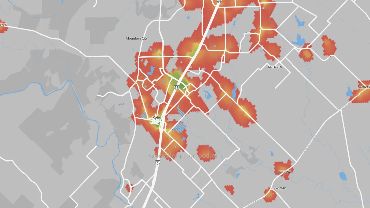 Walk Grade map of Kyle, TX, walkable areas in green and car-dependent areas in red