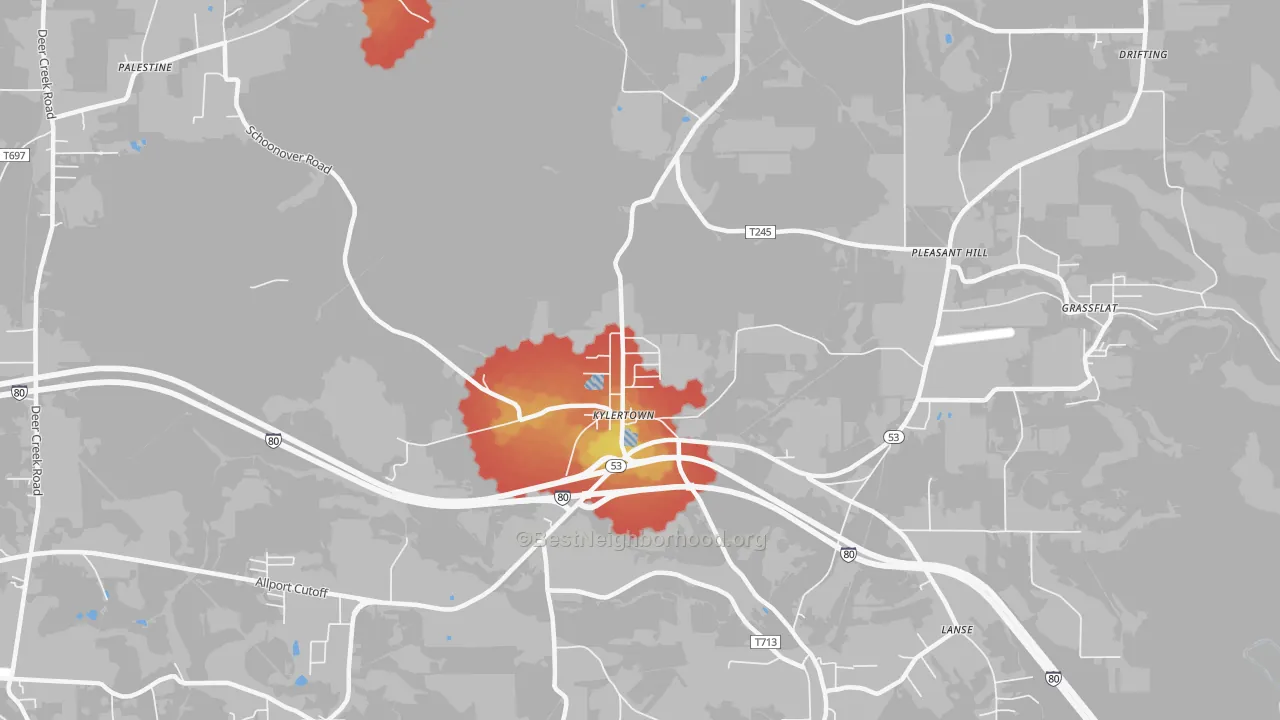 Walk Grade map of Kylertown, PA, walkable areas in green and car-dependent areas in red