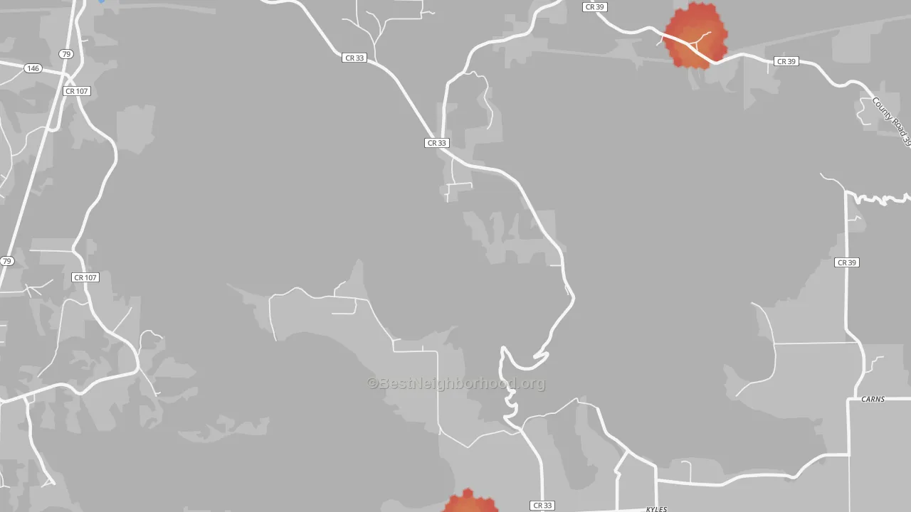 Walk Grade map of Kyles, AL, walkable areas in green and car-dependent areas in red