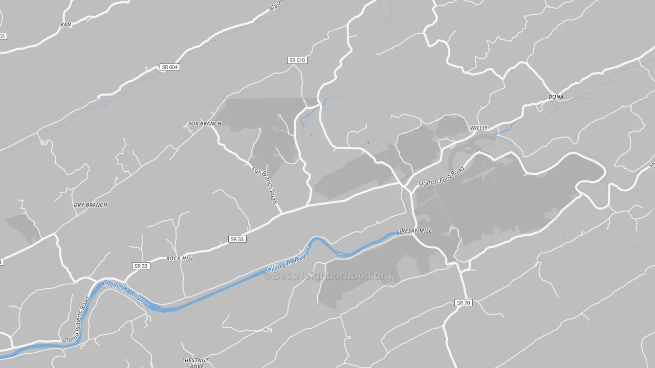 Walk Grade map of Kyles Ford, TN, walkable areas in green and car-dependent areas in red
