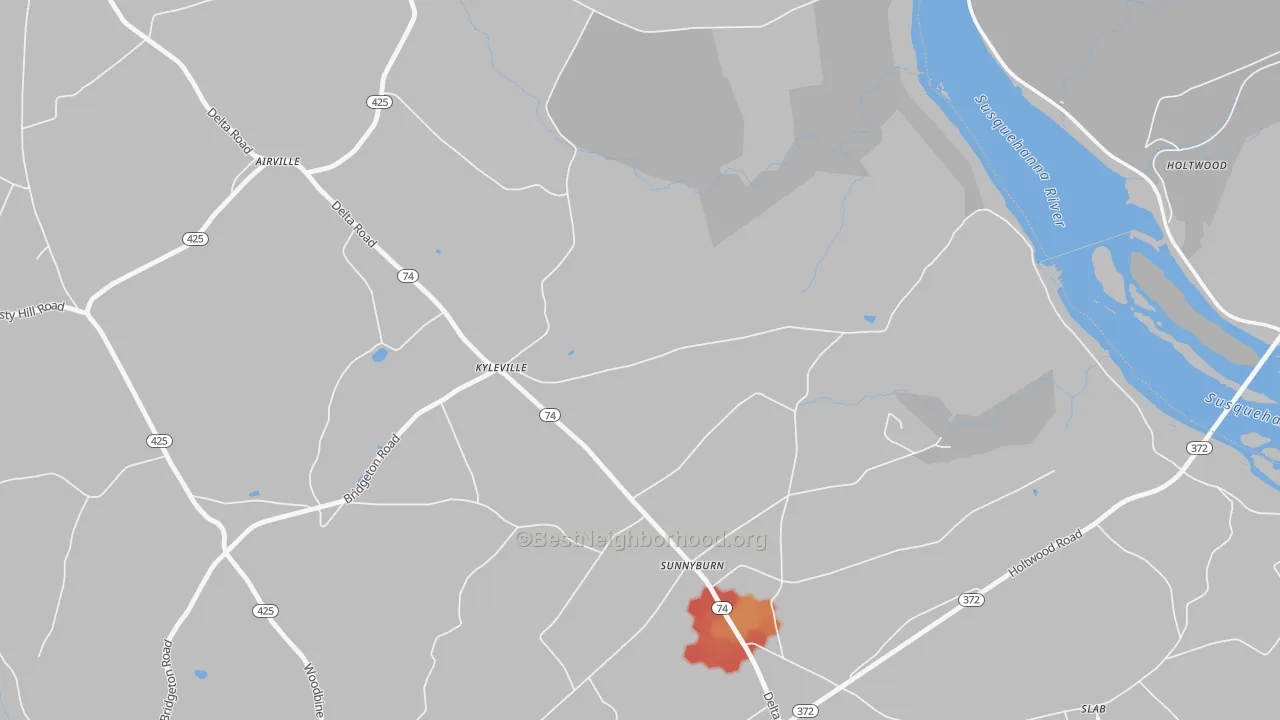 Walk Grade map of Kyleville, PA, walkable areas in green and car-dependent areas in red