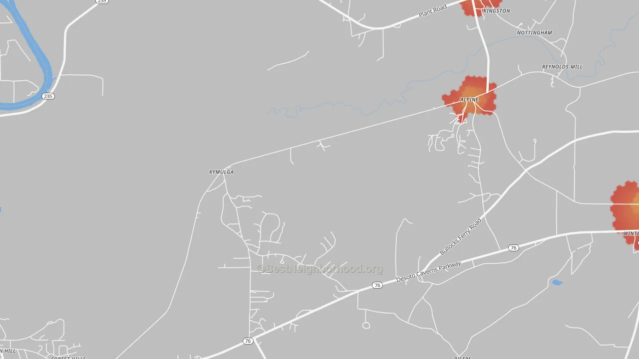 Walk Grade map of Kymulga, AL, walkable areas in green and car-dependent areas in red