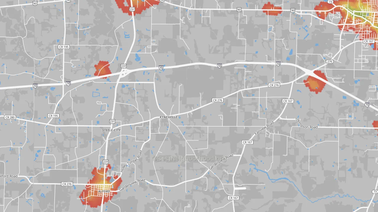 Walk Grade map of Kynesville, FL, walkable areas in green and car-dependent areas in red