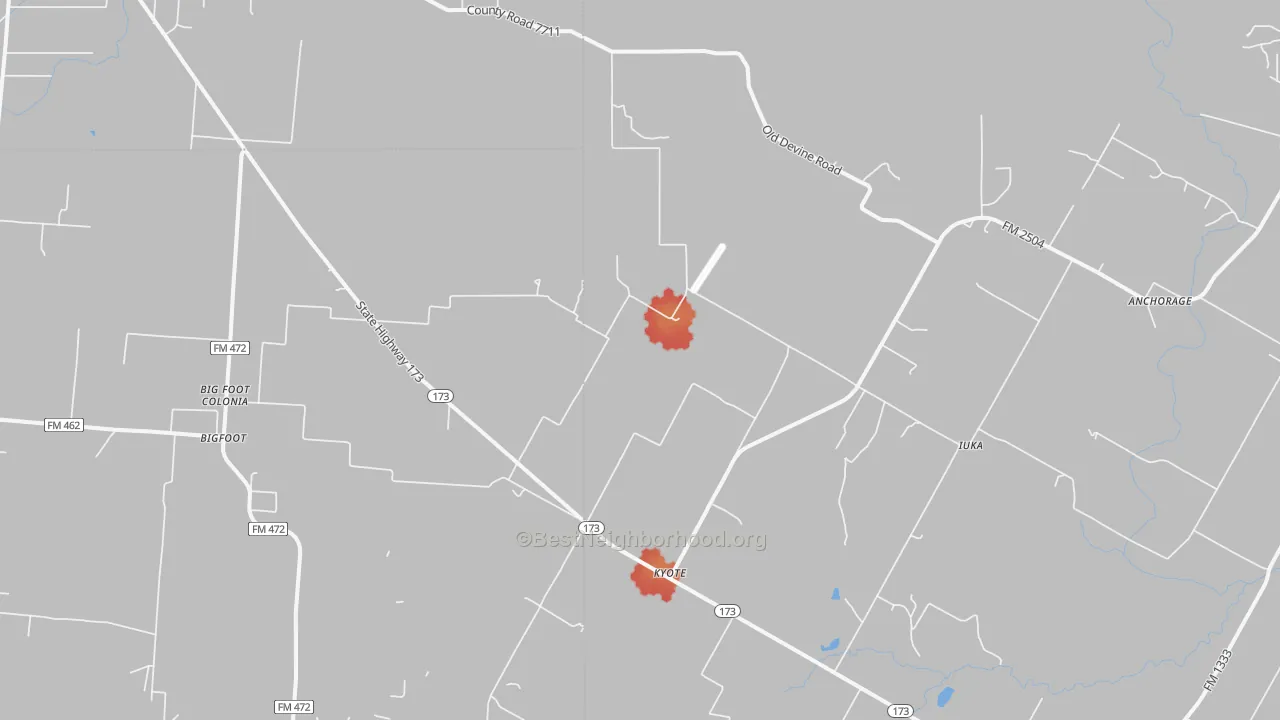Walk Grade map of Kyote, TX, walkable areas in green and car-dependent areas in red