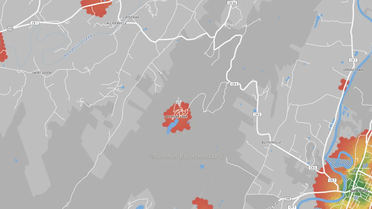 Walk Grade map of Kyserike, NY, walkable areas in green and car-dependent areas in red