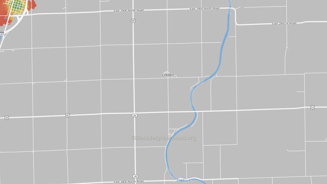 Walk Grade map of L'Erable, IL, walkable areas in green and car-dependent areas in red