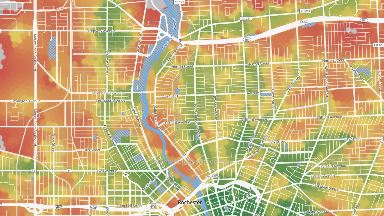 Walk Grade map of La Avenida, Rochester, NY, walkable areas in green and car-dependent areas in red
