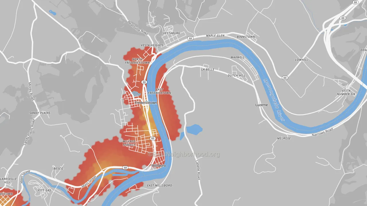 Walk Grade map of La Belle, PA, walkable areas in green and car-dependent areas in red