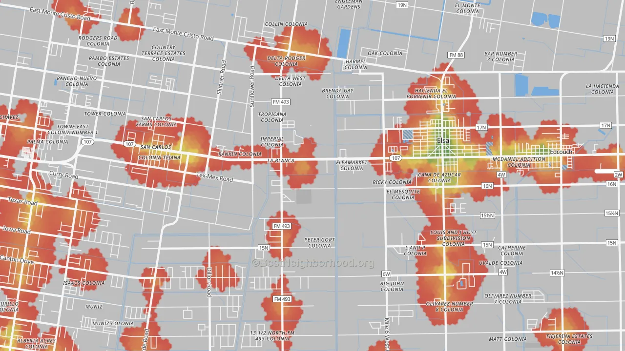 Walk Grade map of La Blanca, TX, walkable areas in green and car-dependent areas in red